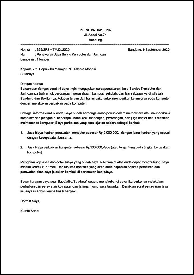 Contoh Surat Penawaran Jasa - Nusagates